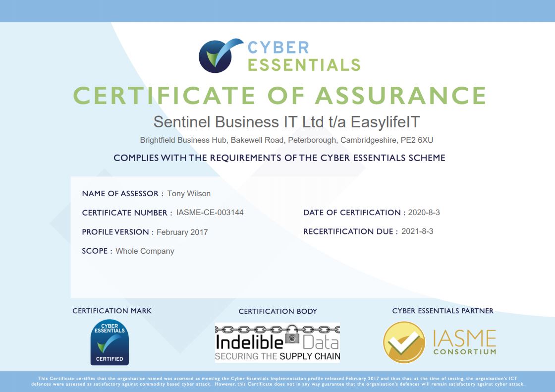 EasylifeIT is Recertified For Cyber Essentials